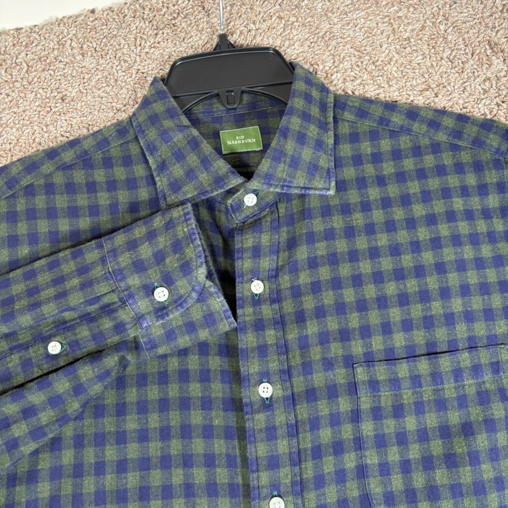 Sid Mashburn Mens Gingham Flannel Shirt Navy Green Cotton Long Sleeve Large